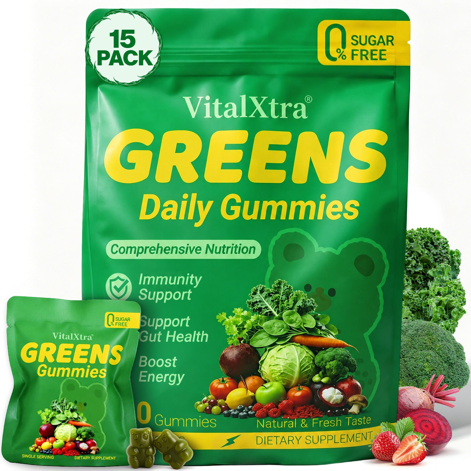 VitalXtra Sugar Free Super Greens Daily Gummy Bears 15 Pack, Fruits Veggies Supplement for Immunity Gut Health & Natural Energy Boost