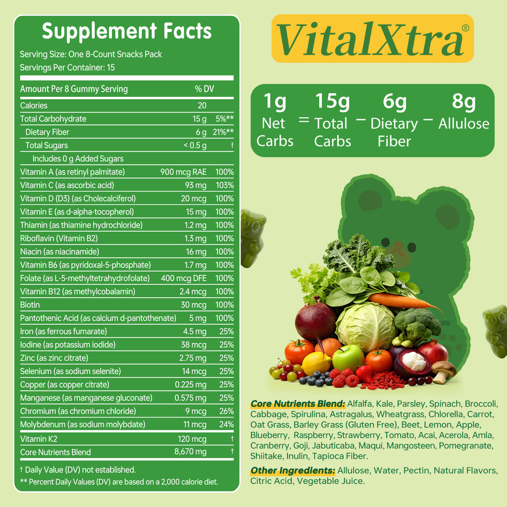 VitalXtra Sugar Free Super Greens Daily Gummy Bears 15 Pack, Fruits Veggies Supplement for Immunity Gut Health & Natural Energy Boost