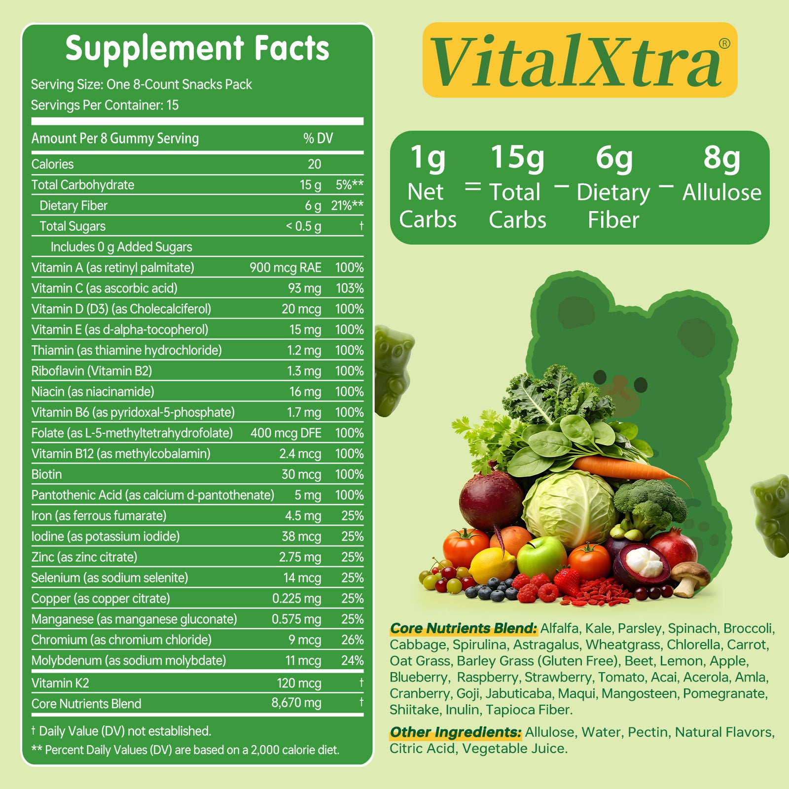 VitalXtra Sugar Free Super Greens Daily Gummy Bears 15 Pack, Fruits Veggies Supplement for Immunity Gut Health & Natural Energy Boost