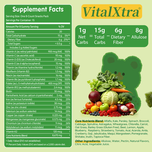 VitalXtra Sugar Free Super Greens Daily Gummy Bears 15 Pack, Fruits Veggies Supplement for Immunity Gut Health & Natural Energy Boost