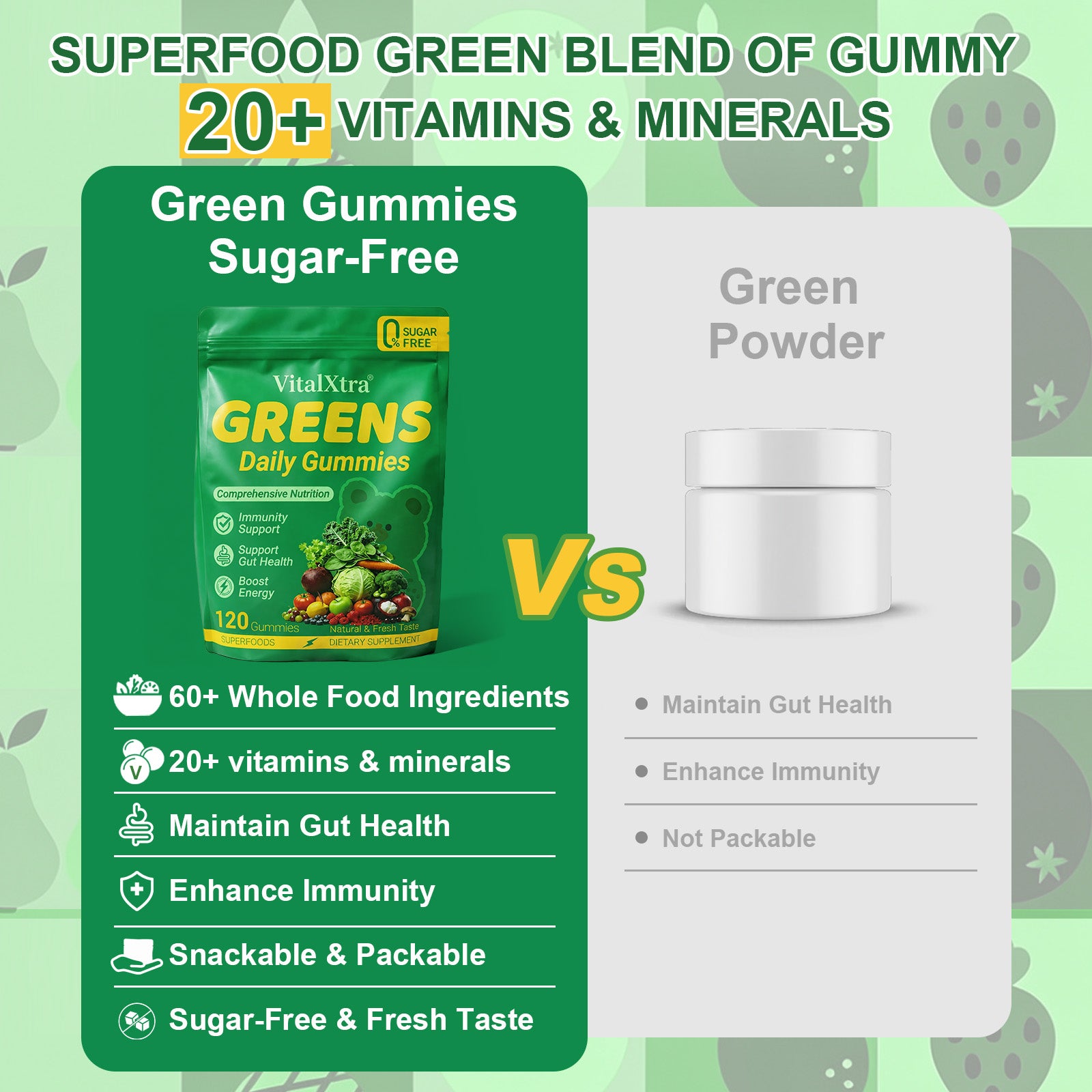 VitalXtra Sugar Free Super Greens Daily Gummy Bears 15 Pack, Fruits Veggies Supplement for Immunity Gut Health & Natural Energy Boost