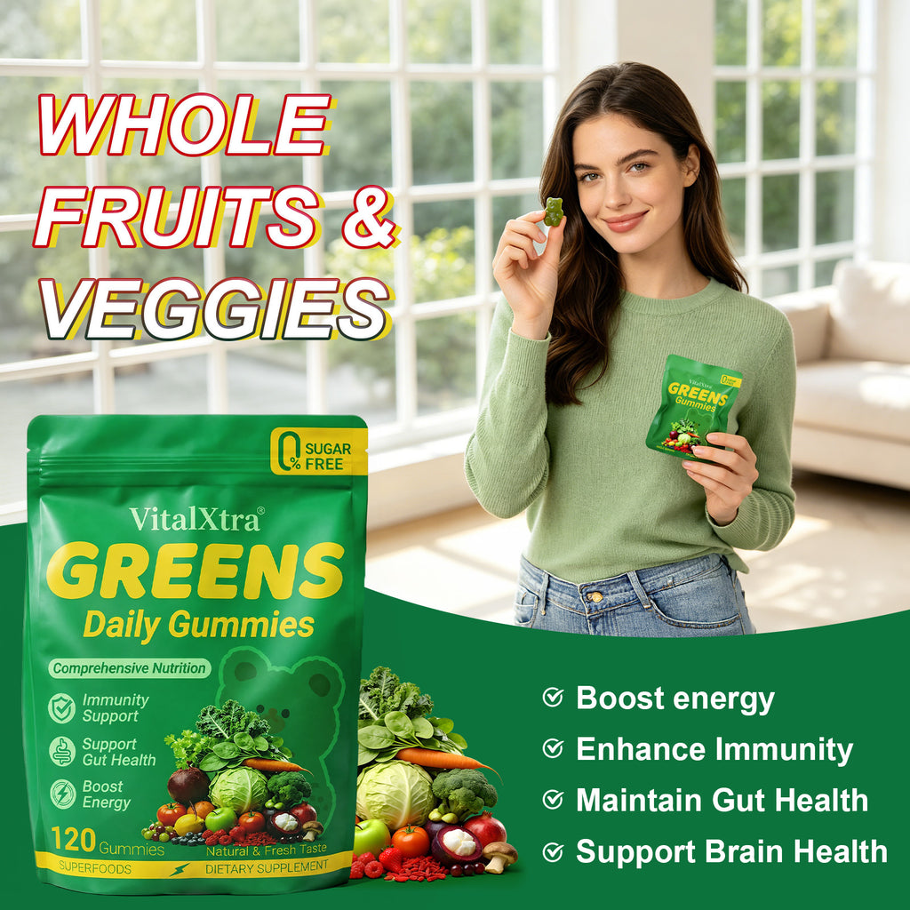 VitalXtra Sugar Free Super Greens Daily Gummy Bears 15 Pack, Fruits Veggies Supplement for Immunity Gut Health & Natural Energy Boost