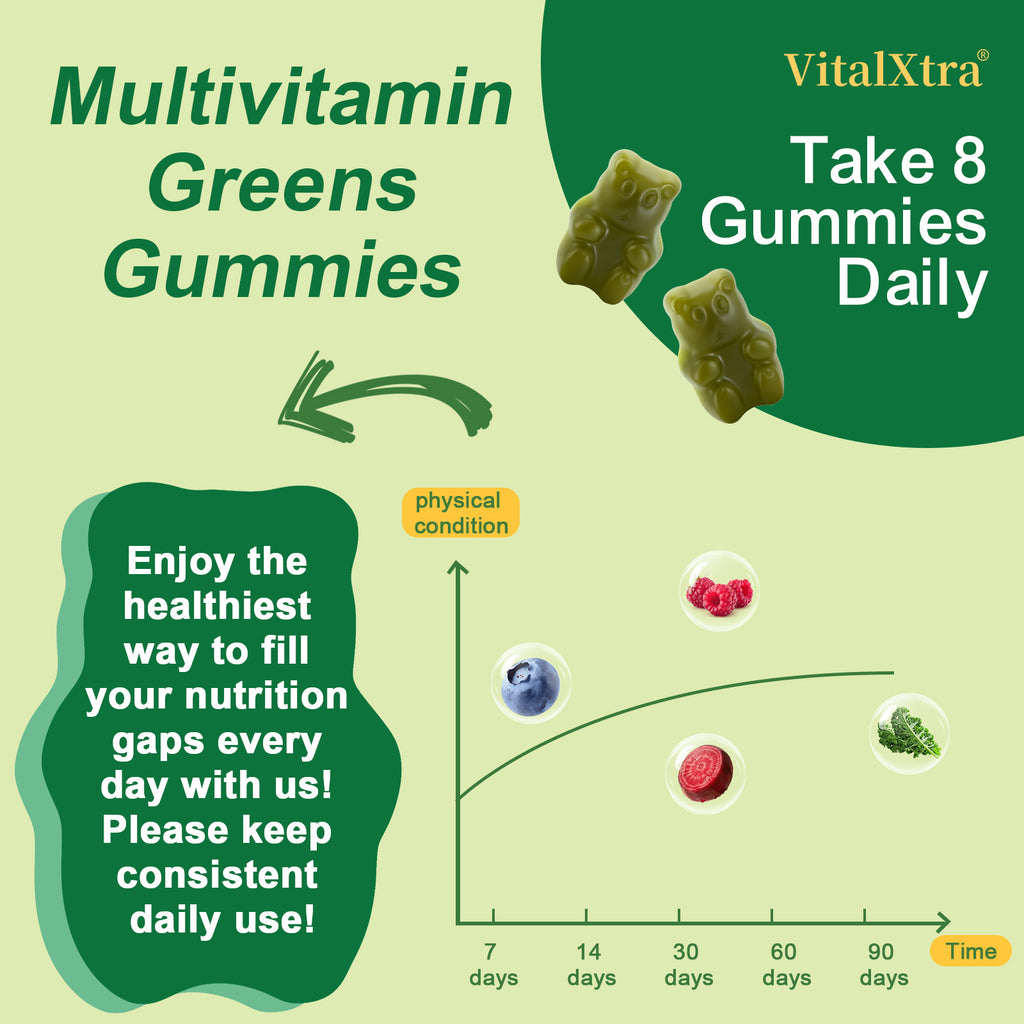 VitalXtra Sugar Free Super Greens Daily Gummy Bears 15 Pack, Fruits Veggies Supplement for Immunity Gut Health & Natural Energy Boost