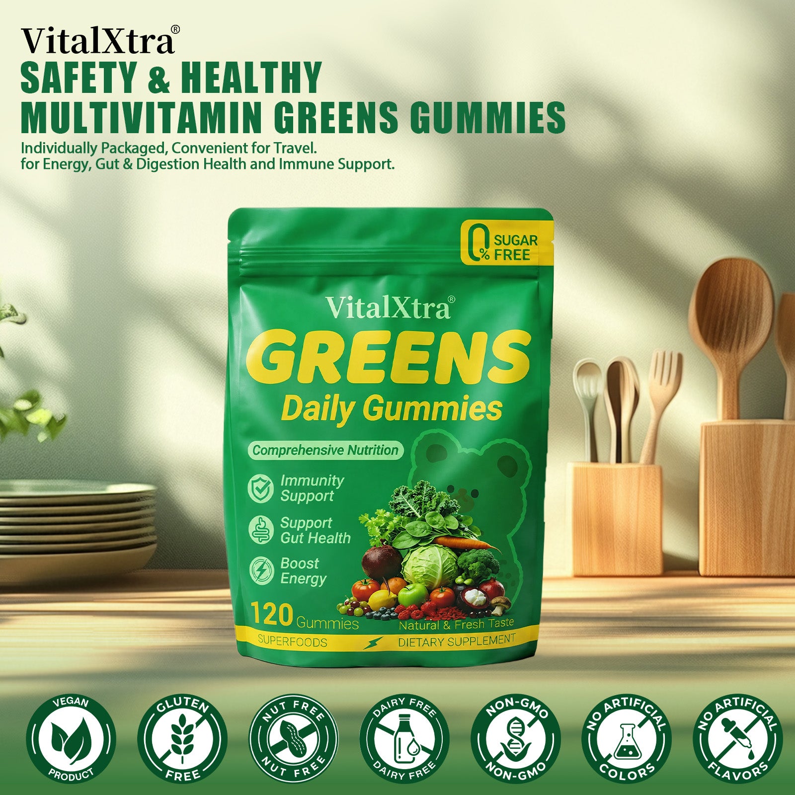 VitalXtra Sugar Free Super Greens Daily Gummy Bears 15 Pack, Fruits Veggies Supplement for Immunity Gut Health & Natural Energy Boost